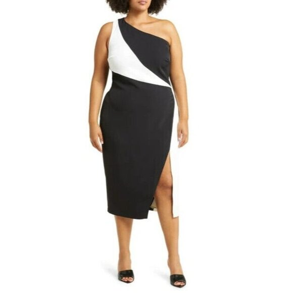 11 HONORE Womans Alexandra Colorblock One-Shoulder‎ Dress In Black/White SZ 16 - Picture 1 of 9